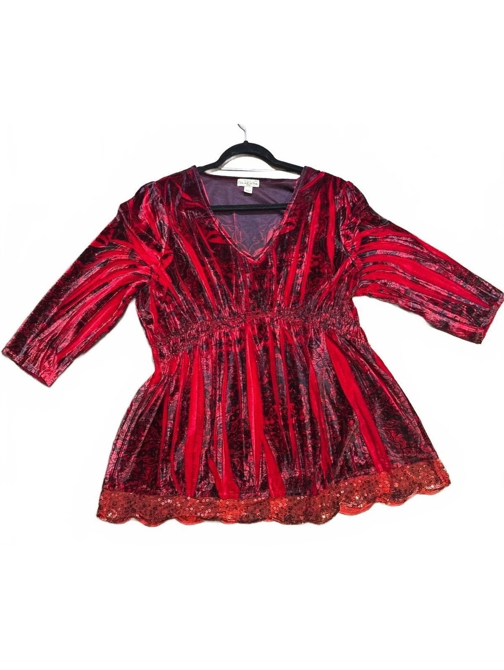 velvet burnout v-neck babydoll top red black print 3/4 sleeve vampire size 2x